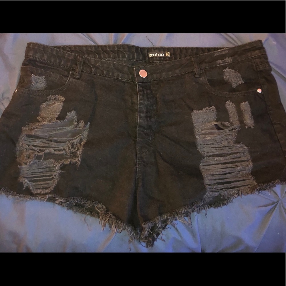 Black distressed denim shorts